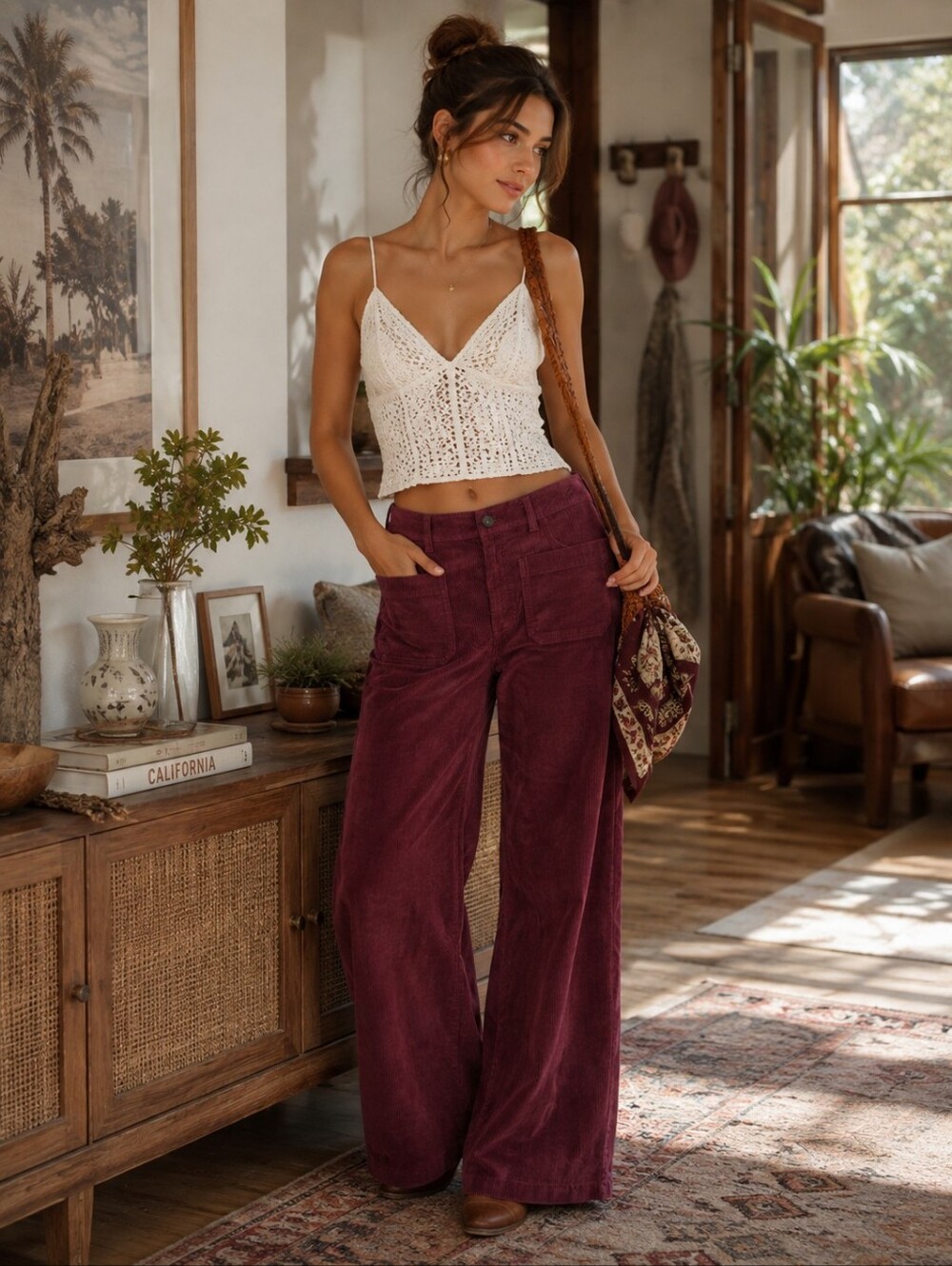 FAHERTY Women's New Pants Corduroy 30 Wide Leg Burgundy Organic Cotton